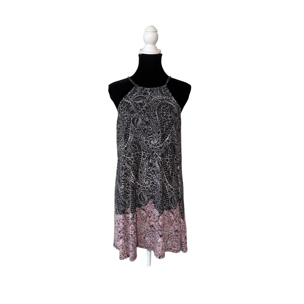 Y2K Love Fire Black Pink Paisley Halter Mini Dress Small Boho Chic Festival